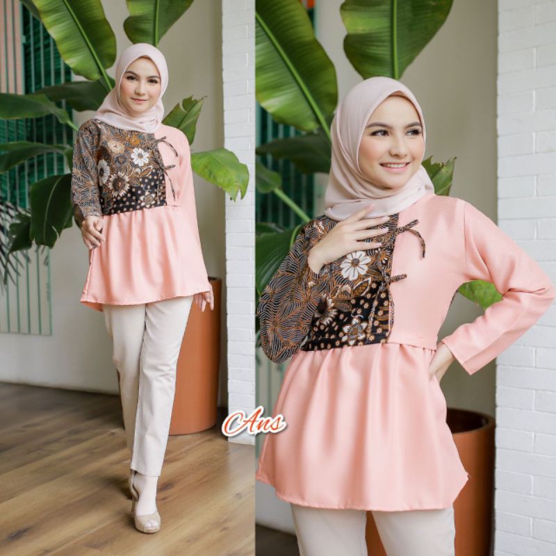 [COD] tey-17 Batik wanita ASJ SA HRB026 Kenongo Kemeja Tosca Pendek Jumputan Kombinasi-Blouse bunga pink
