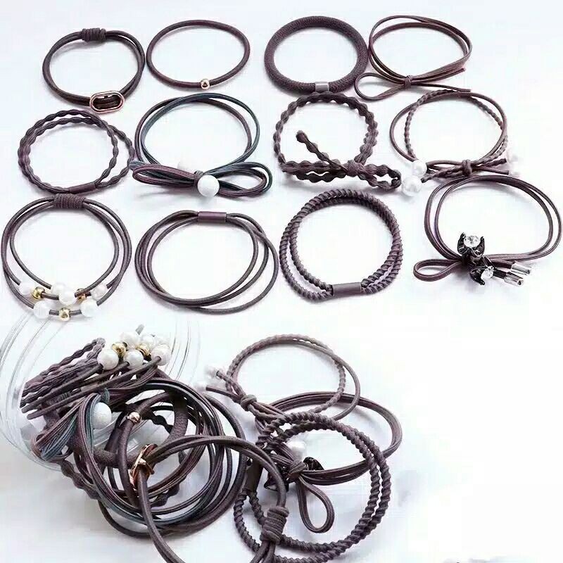 Ikat Rambut 12 In 1(  KEMASAN PLASTIK )Fashion Wanita / Accesories Rambut Import / Ikat Rambut-Coklat