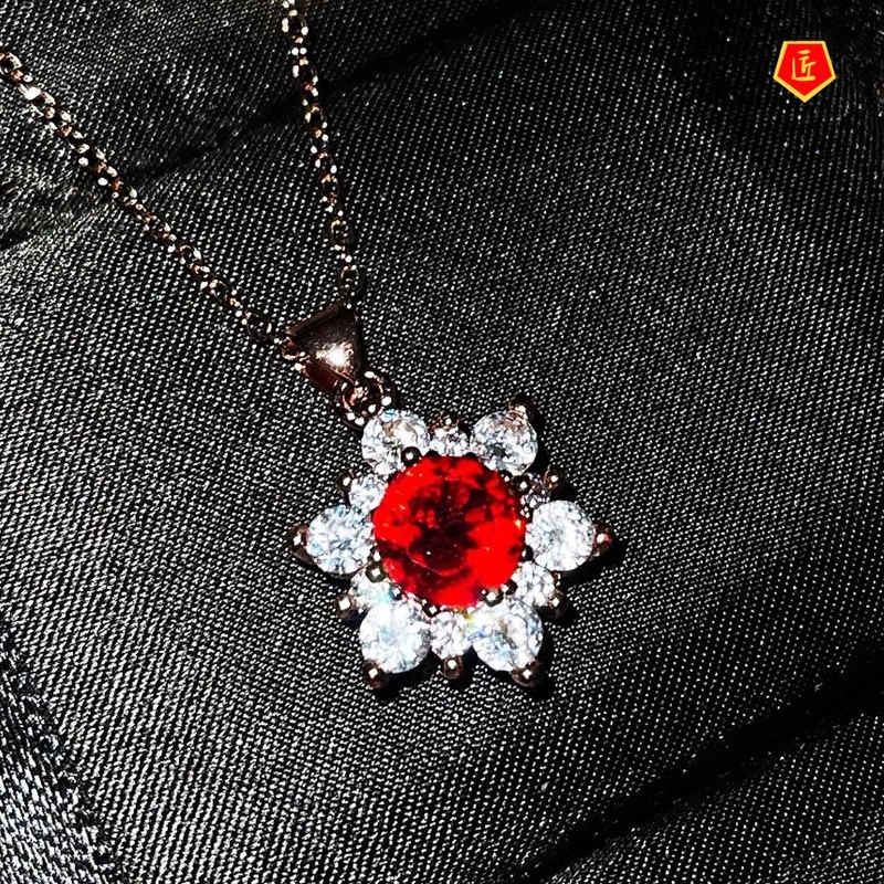 [Ready Stock]Sun Flower Necklace Female 18K Rose Gold Special-Interest Design Ruby Pendant