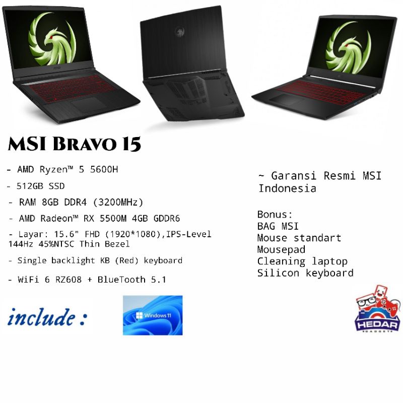 msi bravo 15 ryzen 5 5600H 8GB SSD 512 GB RX5500M 4GB W11 15 FHD 144Hz