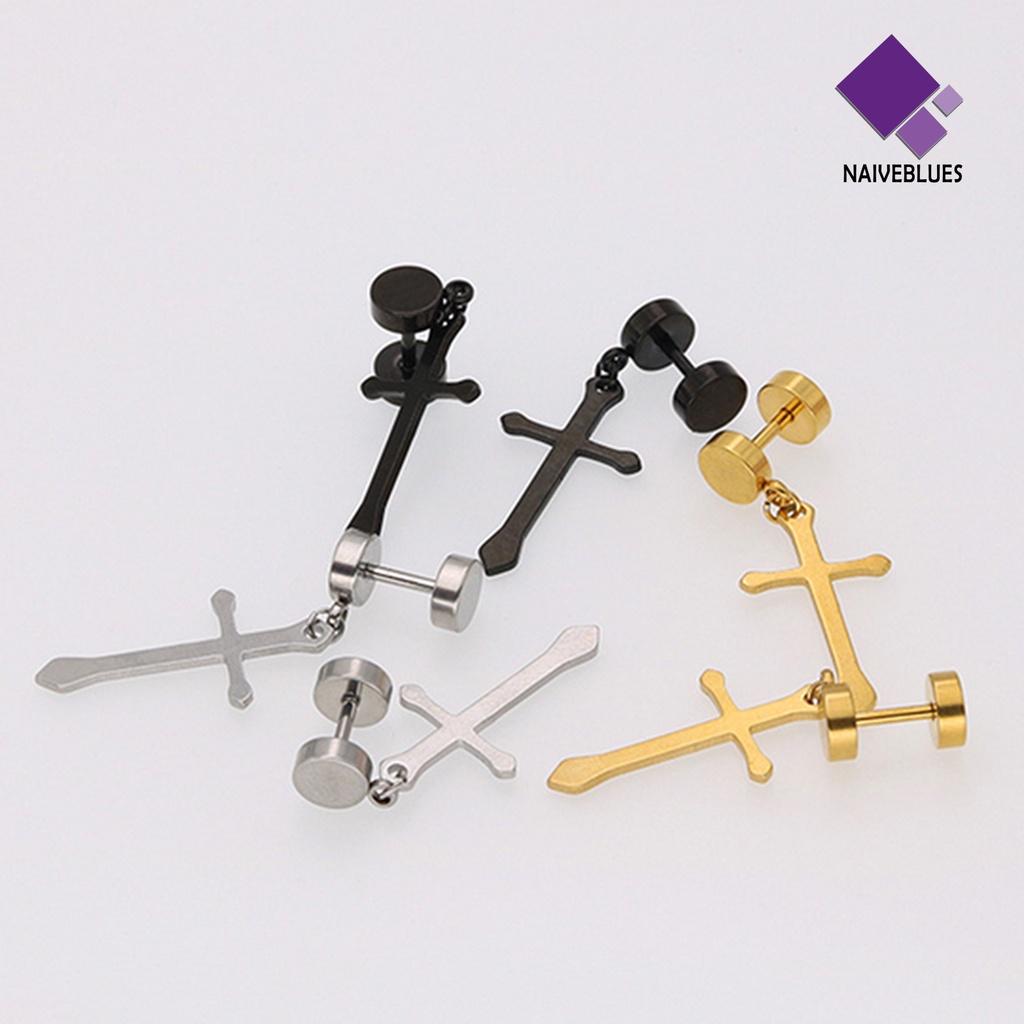 1 Pc Anting Stud Desain Salib Dumbbell Bahan Titanium Steel Untuk Hadiah