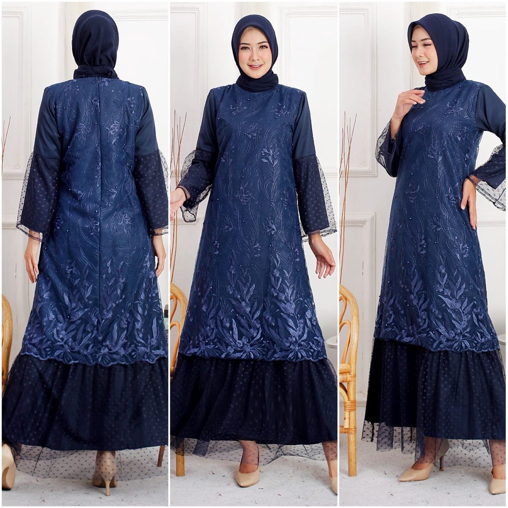 Gamis Bilqis Brukat Tile Mix Tille Dotty Maxi Dress Fashion Muslim Mewah Pesta Kondangan Murah