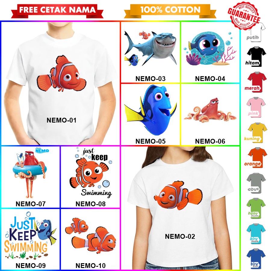 [FREE NAMA!!] Baju Kaos ANAK DAN DEWASA NEMO DORY BANYAK MOTIF