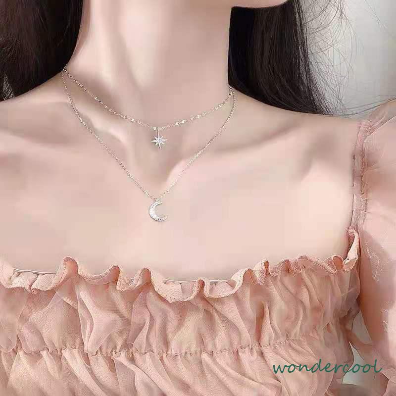 Kalung Rantai Double Layer Bentuk Bulan Bintang Untuk Wanita-Won