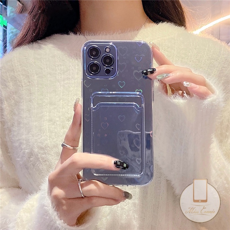 Soft Case Transparan Motif Hati Dengan Slot Kartu Untuk iPhone 7 8 Plus X XR XS Max SE 11 12 13 Pro Max