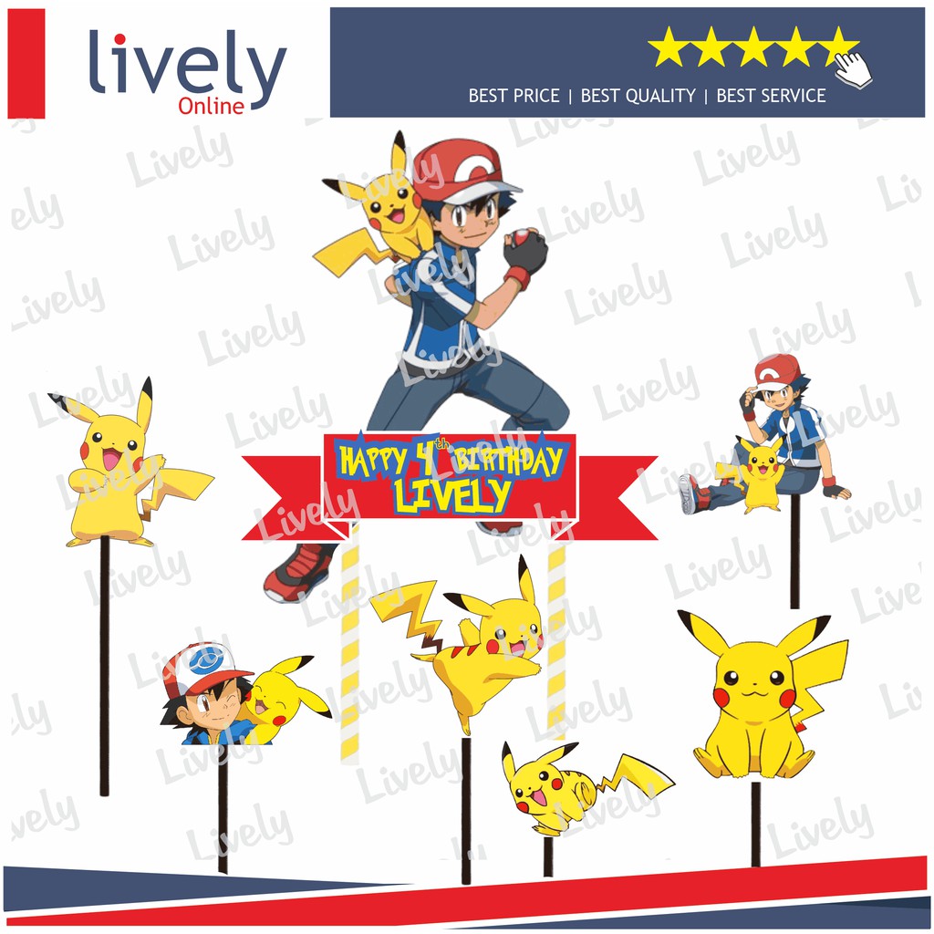 CUSTOM NAMA CAKE TOPPER KARAKTER PIKACHU HIASAN KUE HBD HAPPY BIRTHDAY