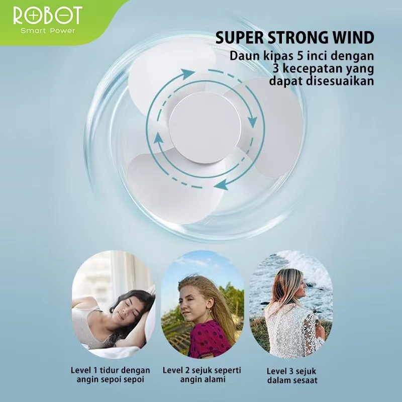 Kipas ROBOT RT-BF14 Portable Fan 2000mAh 5 inch  Rechargeable Led Garansi Resmi 1 Tahun Original