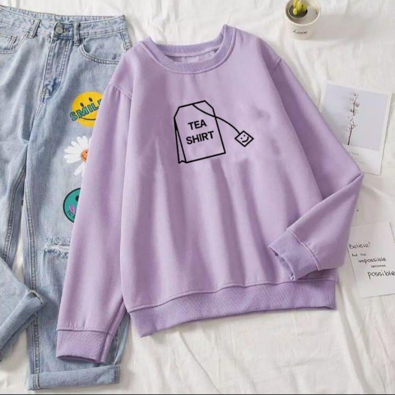 TEA SHIRT Sweater Crewneck Wanita Size M-L-XL-XXL Bisa Bayar Ditempat COD