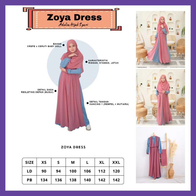 Zoya Dress Warna Denim Set Pashmina By Adzkia Hijab Syari