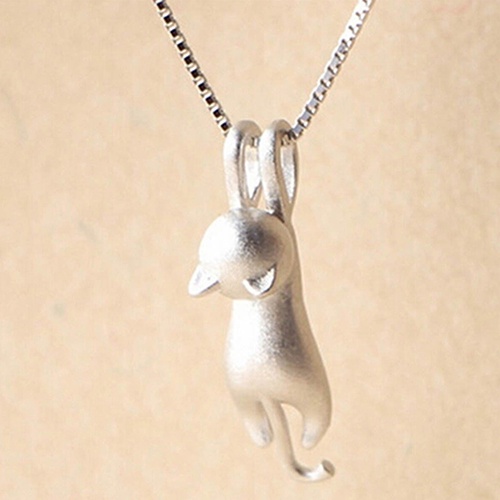 Hu Hu Hu Hu Hu Alat Bantu Pasang Kacamata♡ Kalung Rantai Liontin Kucing Lompat Lapis Silver Untuk Wanita