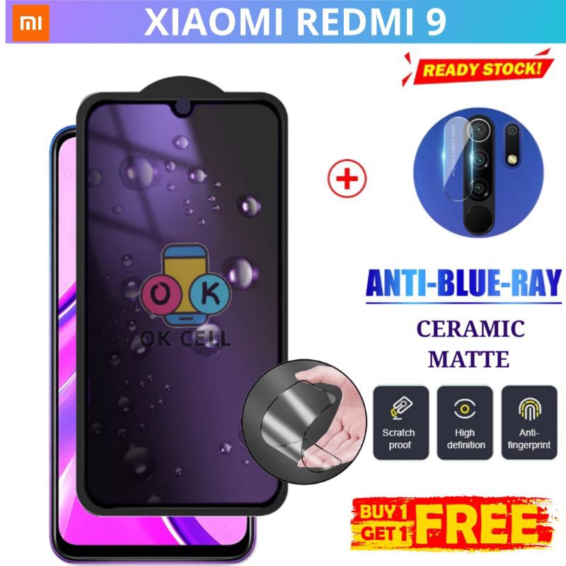 2in1- Tempered Glass Ceramic Blue Matte Light Redmi 9 TG Anti Gores Full Layar Screen Protector