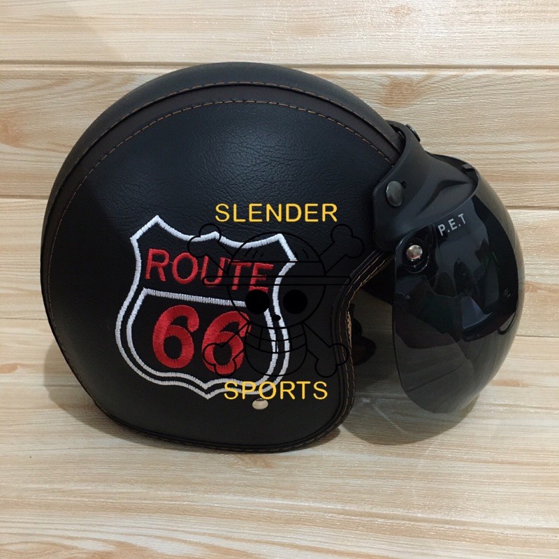 HELM BOGO FULL KULIT MOTIF ROUTE 66 HITAM