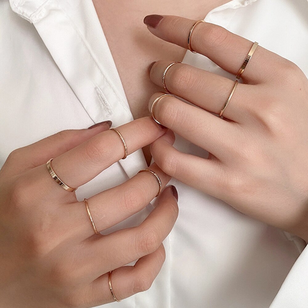 10Pcs/Set Fashion Ring Punk Minimalist Midi Round Twist Ring Set for Women Vintage Metal Knuckle Finger Rings Jewelry