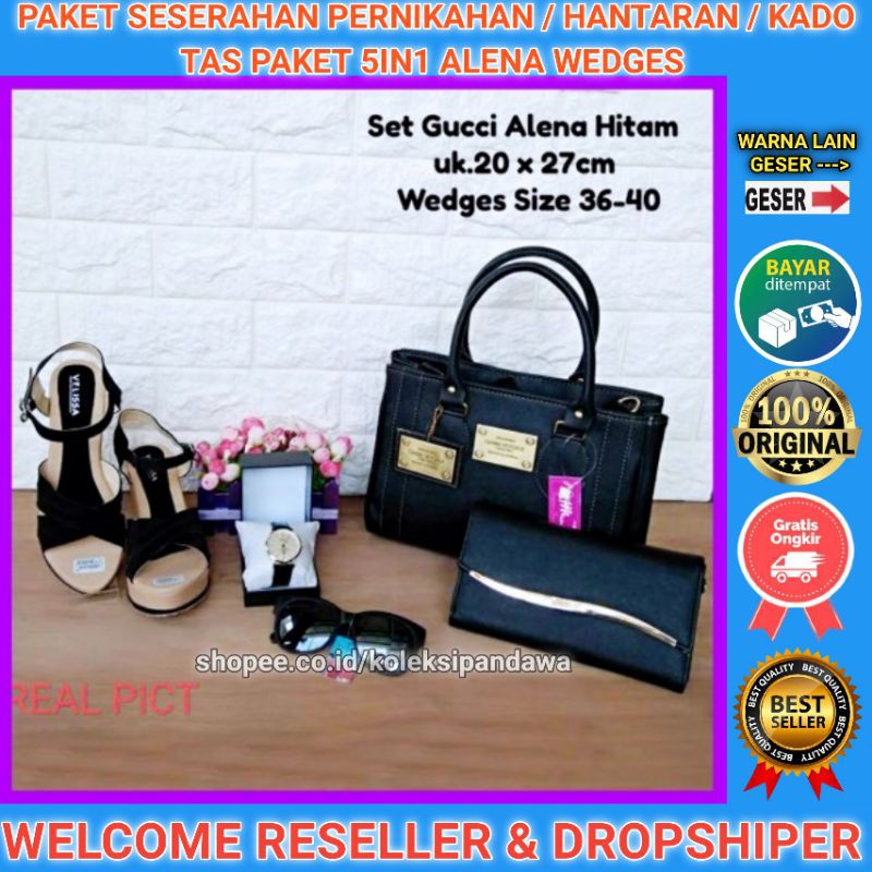 TAS PAKET 5IN1 SESERAHAN PERNIKAHAN JAM TANGAN DOMPET KACAMATA SENDAL WEDGES SANDAL WEDGES WANITA