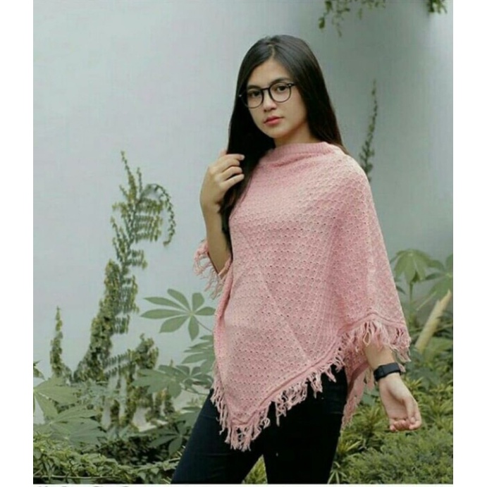 FMJ 805 Blouse Atasan Top Ponco Salak Wanita Perempuan Cewek Dusty Pink Rajut Knit Besar Polos Murah