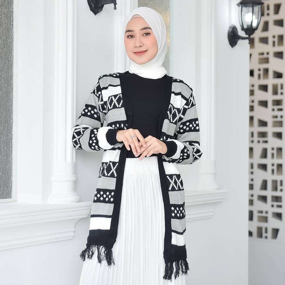 Long Hinata Cardigan Atasan Rajut Wanita Kardigan Rajut Motif Etnik Rumbai Gardigan Rajut Wanita
