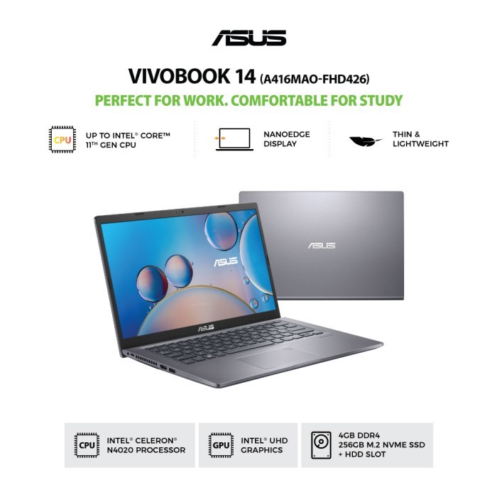 Laptop ASUS VIVOBOOK 14 A416MAO FHD426 N4020 4GB 256SSD W11+OHS 14.0FHD Grey - Garansi Resmi