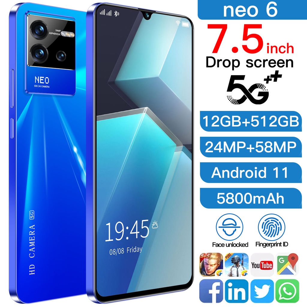 [Asli HP] hp NEO6 hp murah 7.5 Inci Ponsel Jaminan Kualitas 12GB RAM+512GB ROM Dual Card SIM Smartphone Android 11 5G Gaming Phone asli