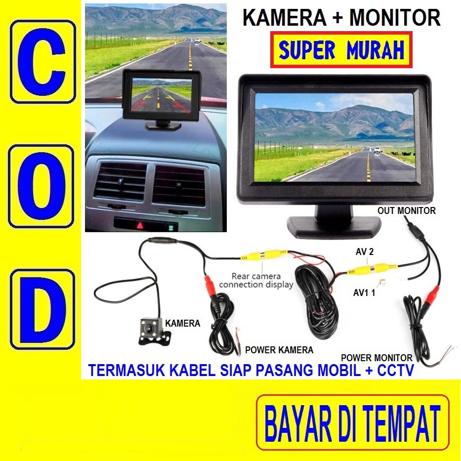 Paket Kamera Mobil Mundur Monitor Lcd 4.3inc Camera Belakang Ccd Led Cctv Hdd Lengkap Kabel