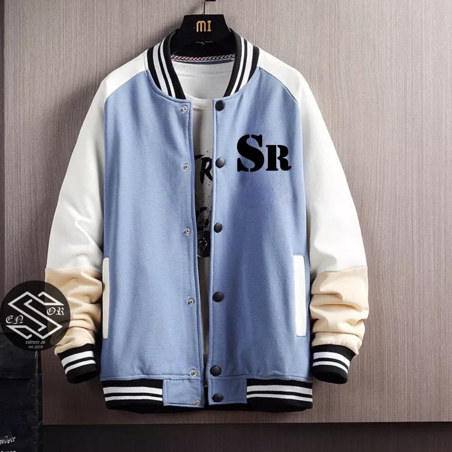 [KODE PRODUK YFN7186] SENSOR / Jaket Bomber Suede Pria Premium / Varsity Jaket Softball Jepang Biru 