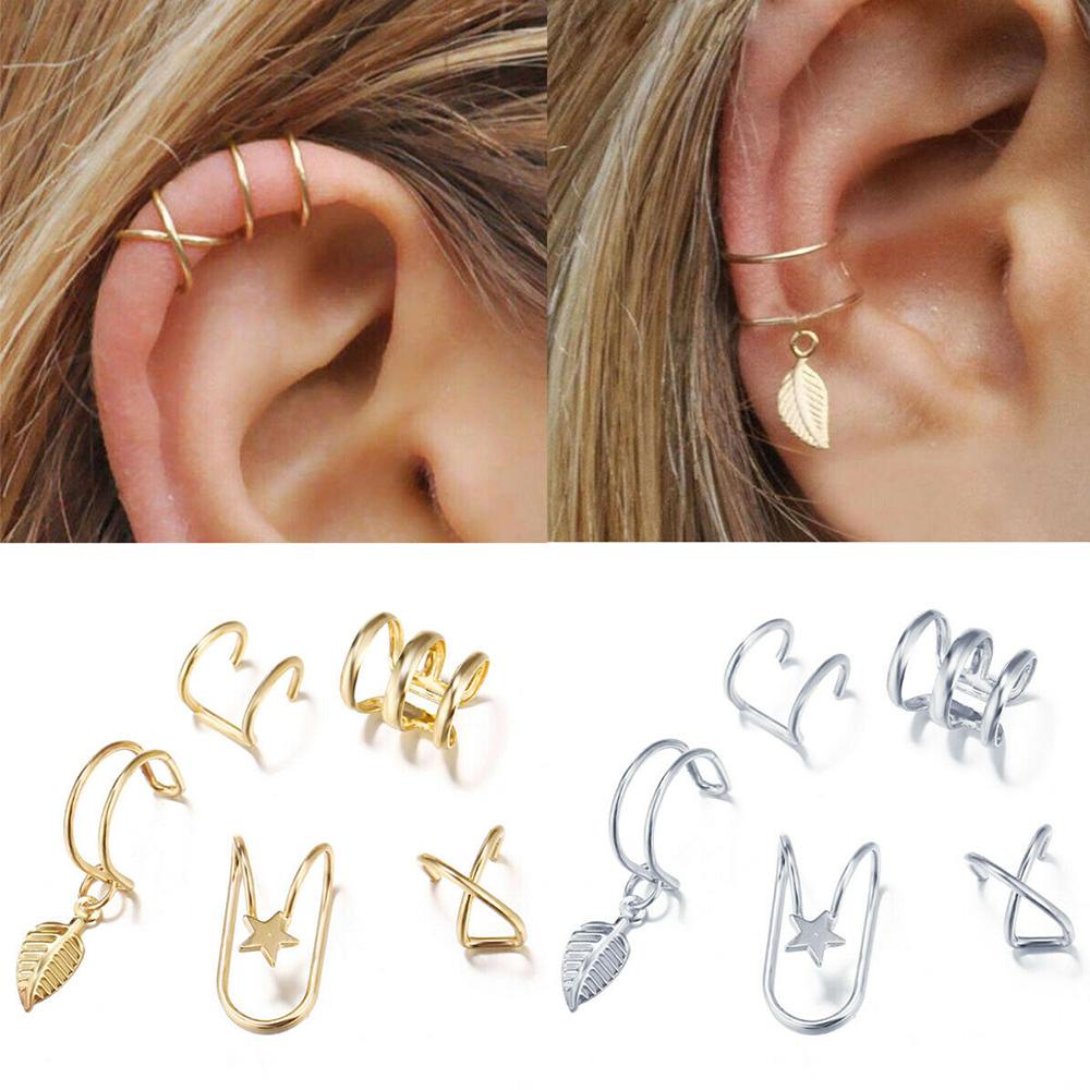 Manset Telinga Agustina Fashion Pria Tulang Rawan 5Pcs/Set Anting Tulang Rawan Daun Emas