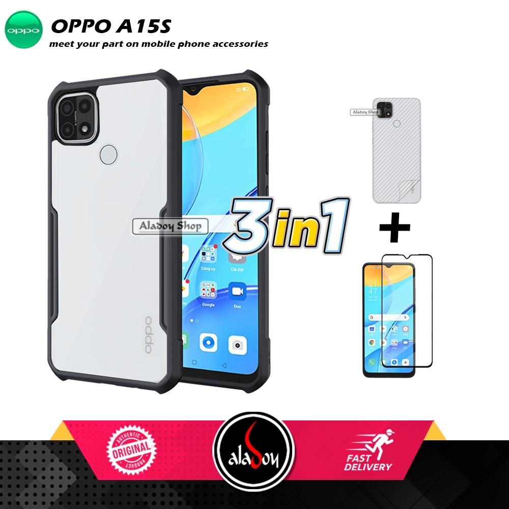 Case Oppo A15S Armor Fushion Transparent Casing + Tempered Glass Full Layar dan Skin Carbon