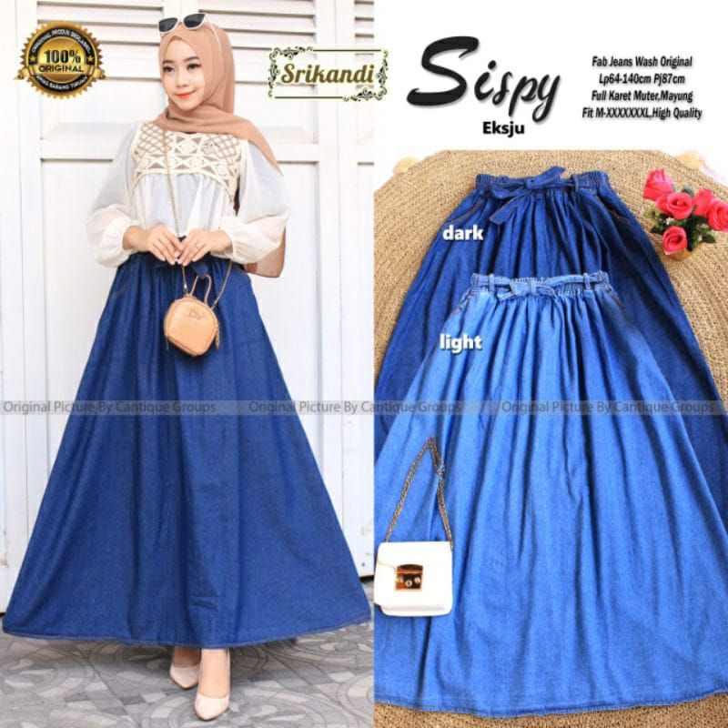 Rok Jeans Wanita Jumbo Tali Panjang 90cm || Rok Jeans Jumbo Wanita Tali Karet 126cm
