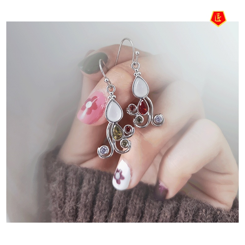 [Ready Stock]925 Silver Moonstone Earrings Colorful Gems Fashion Elegant