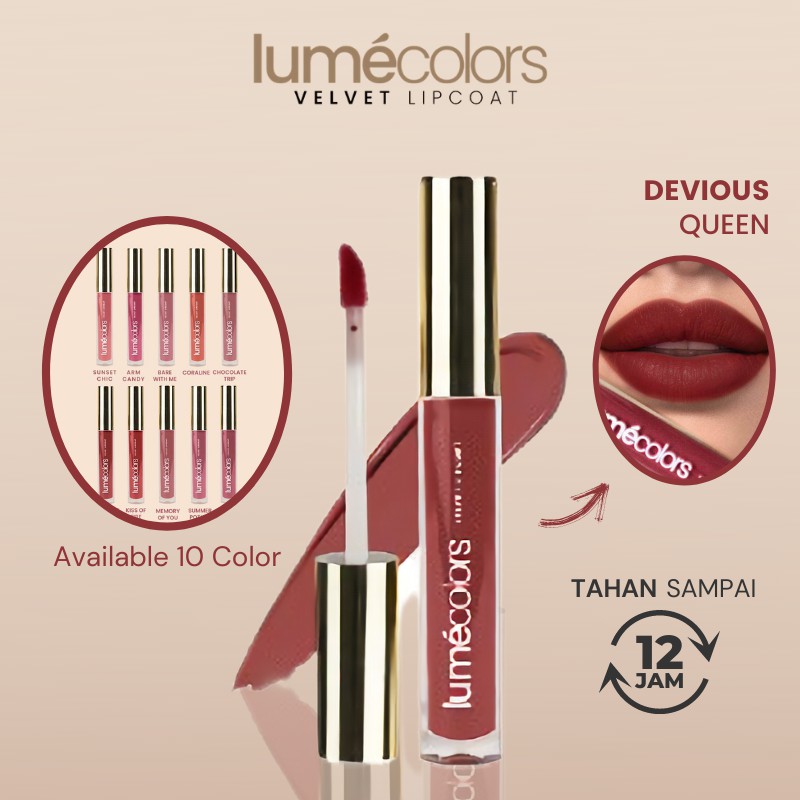 Lumecolor Velvet Lipcoat Lipstik Waterproof Tahan Lama Warna Bibir Merah Natural Gelap Devious Queen