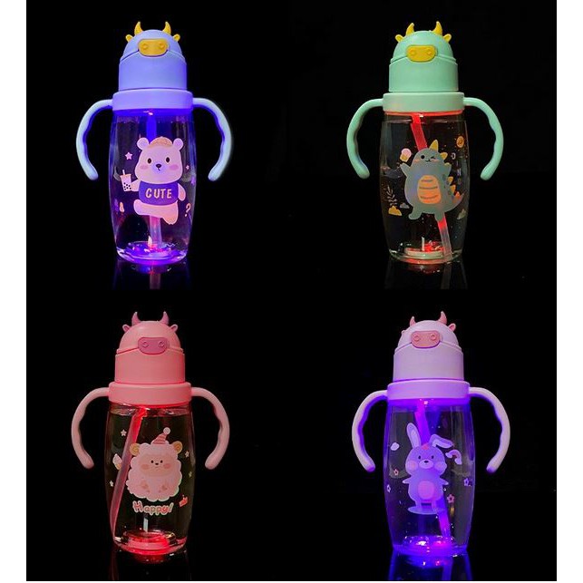 Botol Minum LED Anak Motif Sapi Dengan Lampu Led Karakter 550 ML 2 in 1 Tali dan Gagang