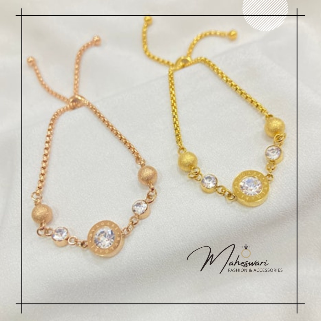 Gelang Titanium Wanita Anti Karat Gelang Serut Permata Vintage Perhiasan Berlapis Emas Import MA397