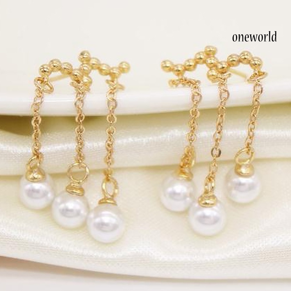 OW@ Elegant Party Women Triple Tassel Faux Pearl Long Dangle Stud Earrings Jewelry