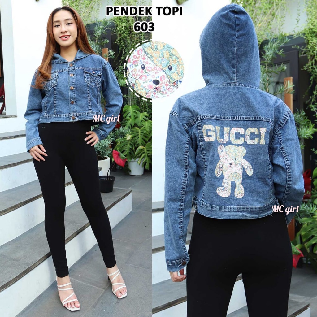 MC girl - Jaket Jeans Crop Topi Gambar Belakang Wanita / Jacket Denim Body Pendek Hoodie Gambar / Jaket Lepis Kupluk