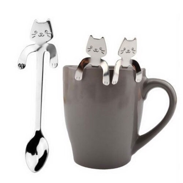 Sendok Teh/Kopi Bentuk Kucing Bahan Stainless Steel 304 Untuk Peralatan Dapur