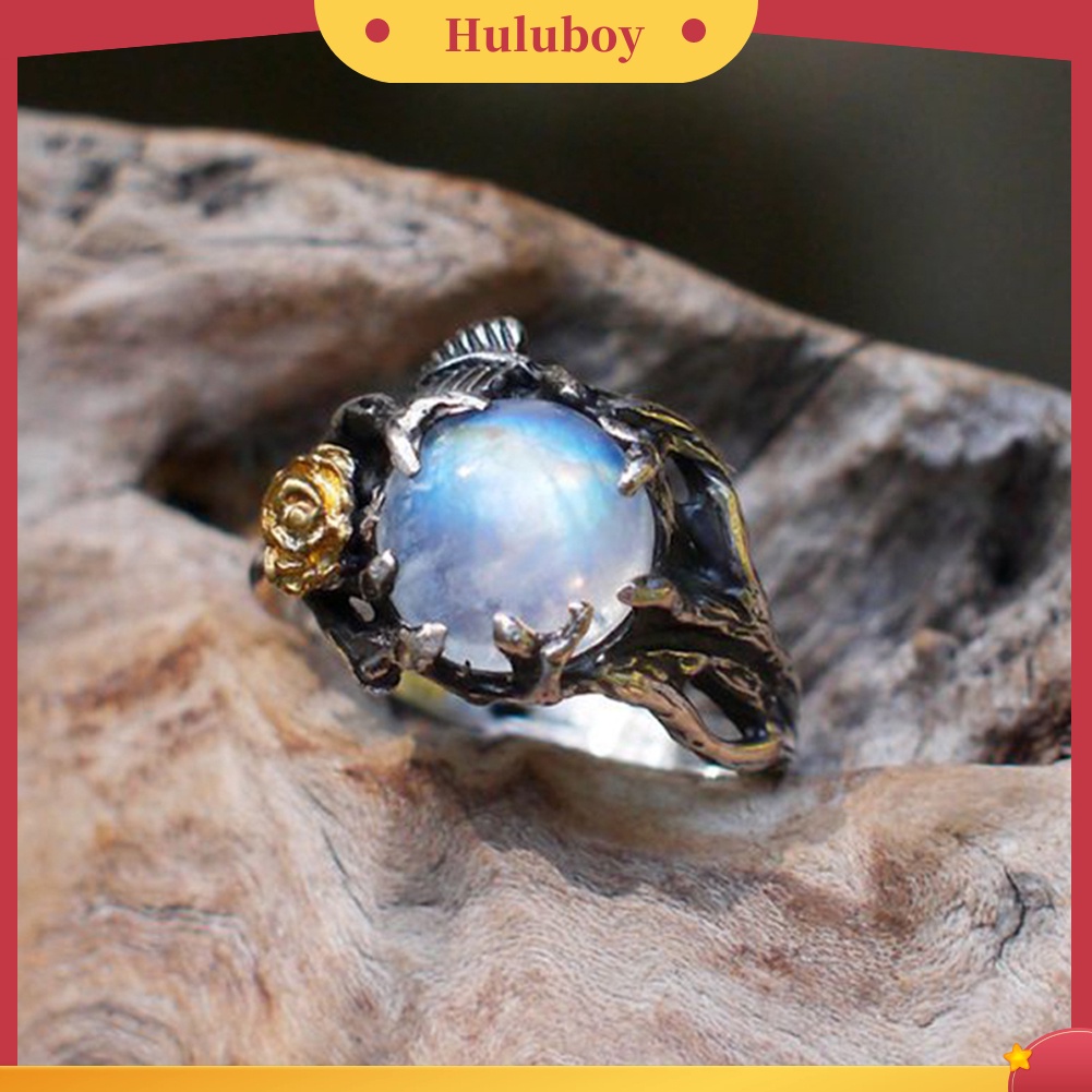 Hu Hu Hu Hu Hu Alat Bantu Pasang Kacamata♡ Cincin Wanita Desain Bunga Mawardaun Hias Moonstone Imitasi Bentuk Bulat Gaya Vintage Untuk Pesta