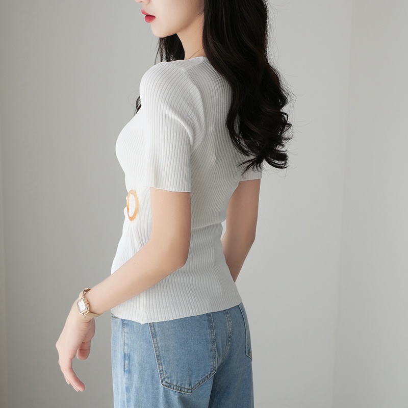 【Elegant】V-neck Irregular Slim Knit T-Shirt 7376