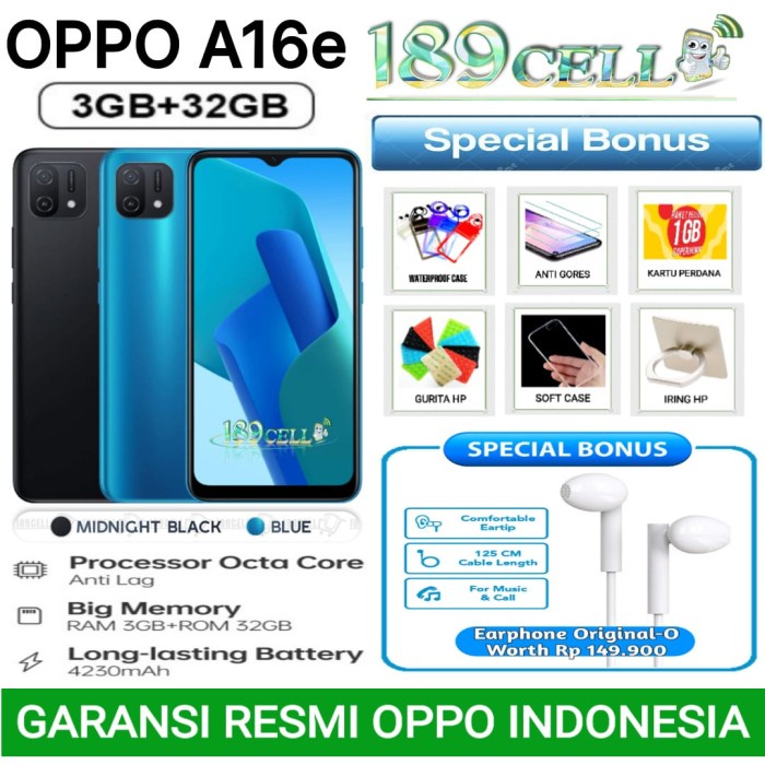 HP BARU OPPO A16e A16 e RAM 3/32 | 4/64 | A16k A16 k 3/32 | 4/64 GARANSI RESMI - Blue, demo tanpa du