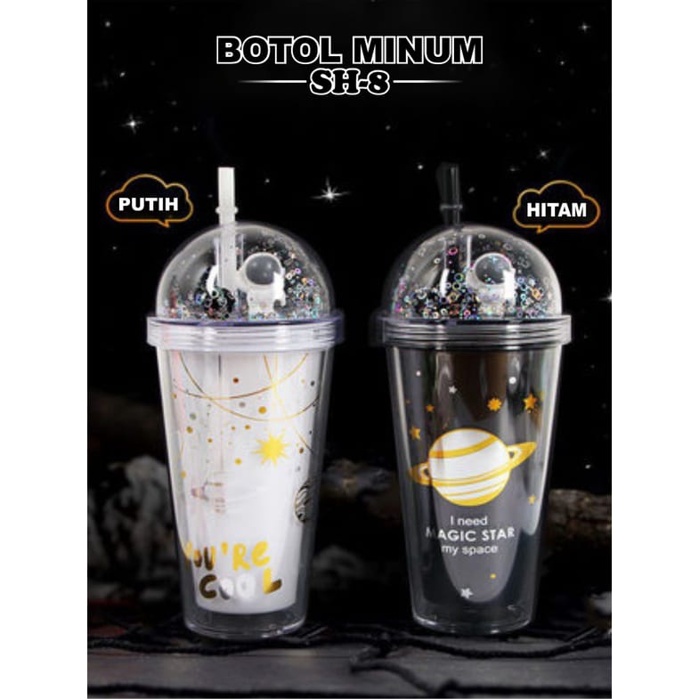 MILIKI SEGERA Tumbler Bubble Astronot / Gelas Minum Dengan Sedotan BPA FREE Glitter Tumbler Cups Blink Gelas Botol Minum Air Sedotan 450ml Gelas Minum Lucu