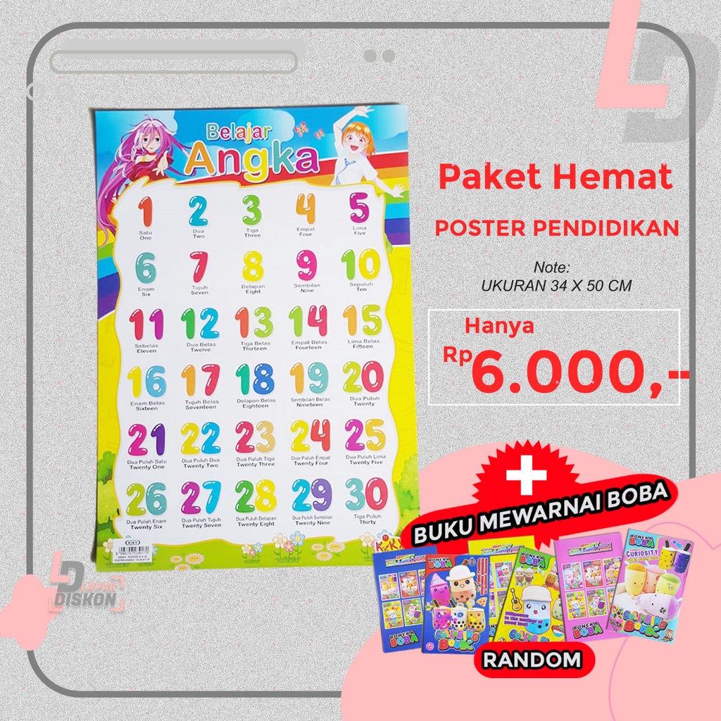 

PAKET HEMAT !!! Poster Pendidikan Belajar Angka 1-30 + Mewarnai Boba | Poster | Mengenal Angka