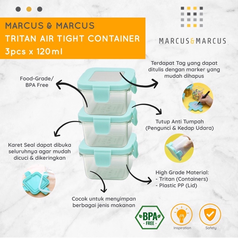 MARCUS &amp; MARCUS TRITAN AIR TIGHT CONTAINER 3PCS X 120ml  - peralatan makan bayi | kontainer makanan bayi