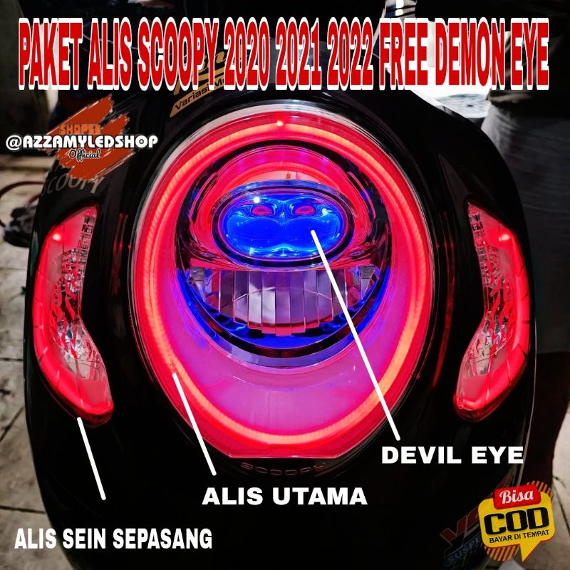 Paket lampu motor DRL alis lampu alis Depan Honda Scoopy 2020 scoopy 2021 scoopy 2022 freedemon eye devil eye kualitas grade A super terang