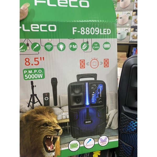 PAKET SPEAKER FLECO TERBARU F8809led FREE MIC WIRELESS + stand + remote control mantap