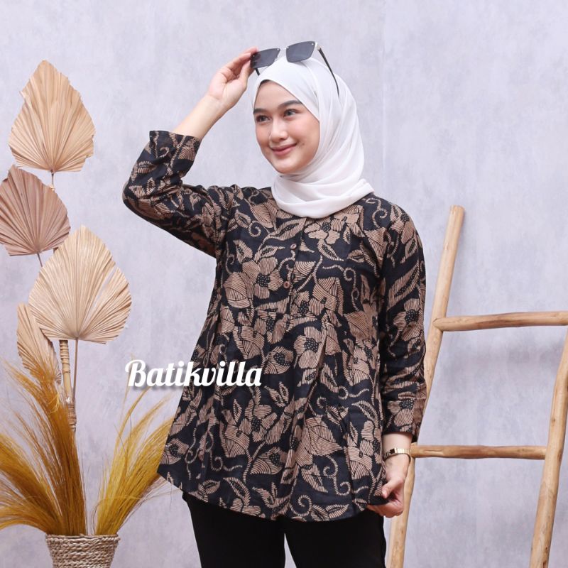 tey-17 Batik wanita ASJ SA HRB026 Kenongo Kemeja Tosca Pendek-Kembang coklat