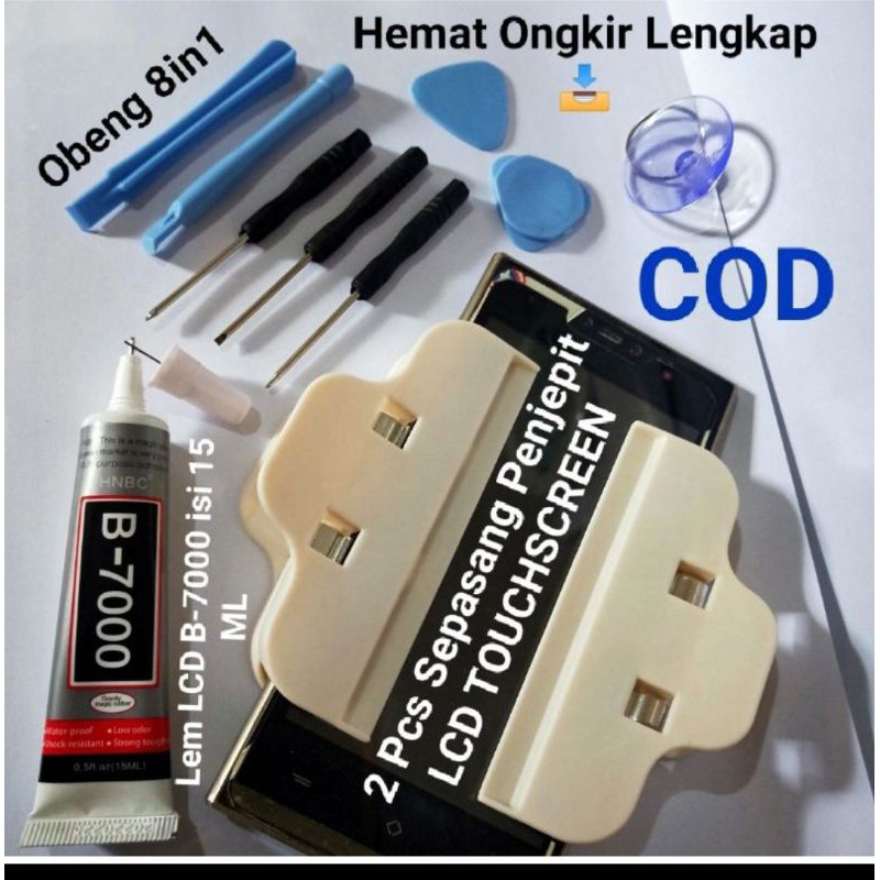 ( SEPAKET ) Obeng set Hp 8 IN 1 / 10 in 1 + Penekan LCD LEBAR  + LEM b7000 15 BENING / B7000 50 ML / T7000 15ml