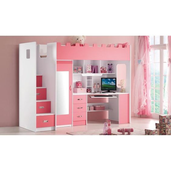 tempat tidur tingkat plus meja belajar serbaguna duco pink jepara