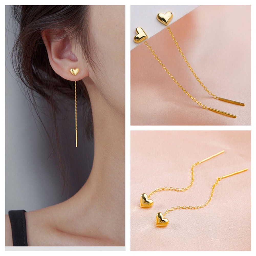 【COD Tangding】Solid Heart Line Tassel Heart Gold Heart-shaped Long Ear Line INS Face Thin Ear Chain Fashion Accessories Jewelry