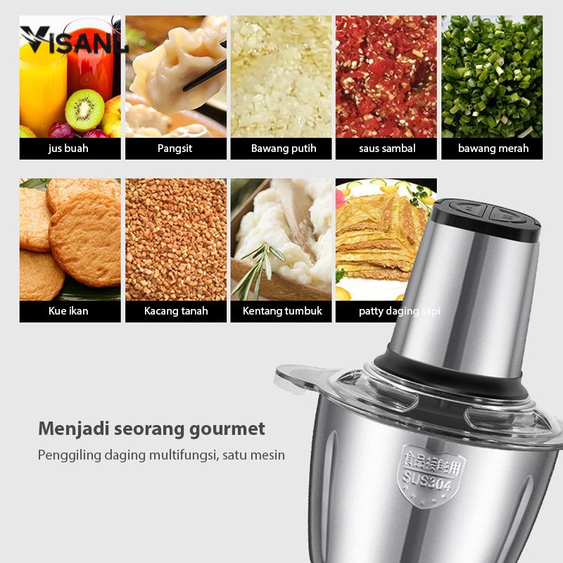 Chopper Blender Daging Penggiling Meat Blender Elektrik Stainless  2L Food Processor Stainless Steel Penggiling Daging Dan Bahan Makanan Elektrik
