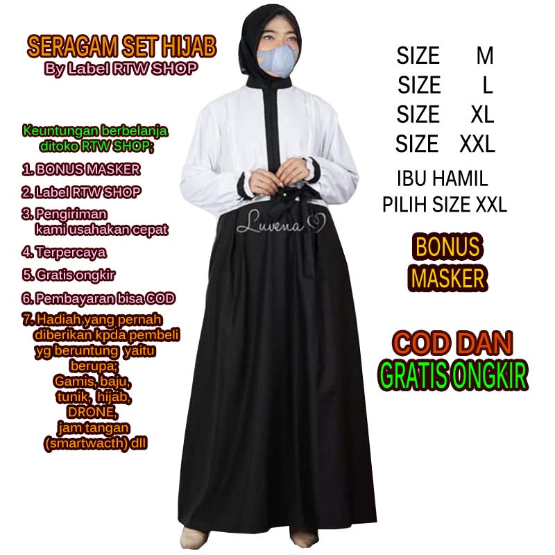 Gamis Seragam PNS Perempuan Hitam Putih Set Hijab Rok / Baju ASN Dinas Baju Kerja Hitam Putih / Paka