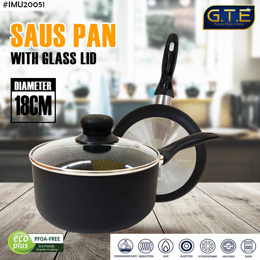 GTE | SAUCE PAN 18cm plus Lid Dark Knight / Ceramic Anti Lengket Tutup Kaca ( Panci Keramik premium)