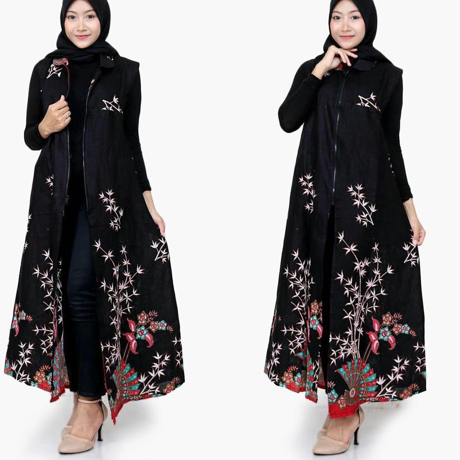 (LANGSUNG ORDER) Cardigan Batik Saudara outer Resleting Depan Tanpa Lengan Baju Wanita Auter Panjang